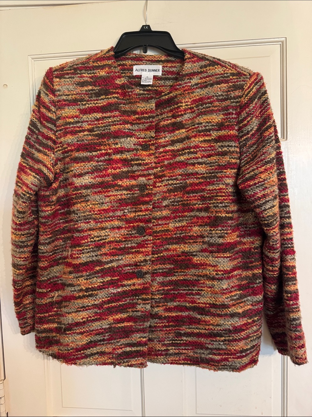 Alfred Dunner Multicolor Button-Front Knit Lined Jacket in Red and Gold Tones